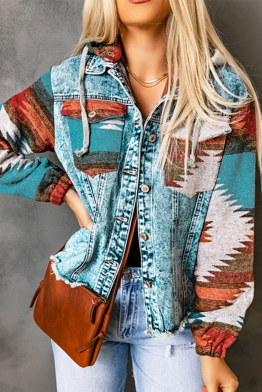 Hooded Denim Jacket -Aztec Adventure Hoodie - With Plus Size  The hooded denim jacket adds an unmistakable western edge to any outfit. Its versatile design allows you to express your individuality and your flair. Unique Aztec Print: The eye-catching Aztec pattern adds a playful, bohemian twist to the classic denim silhouette, giving your outfit that perfect touch of vibrant style.