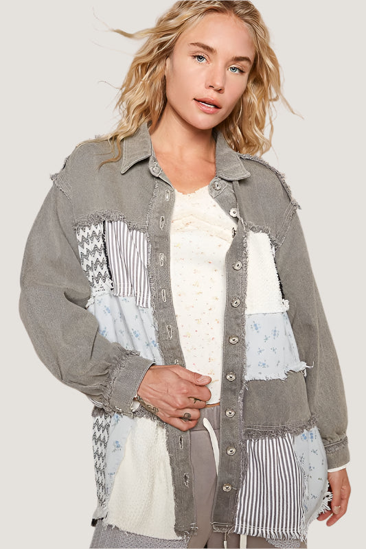 A raw hem patchwork dropped shoulder jacket is a cool and edgy addition to your wardrobe. The raw hem detail gives the jacket a distressed and laid-back vibe, perfect for a casual and relaxed look. The patchwork design adds a unique and eclectic touch, giving the jacket a one-of-a-kind appeal. The dropped shoulder style offers a loose and comfortable fit, making it a great layering piece for everyday wear. Pair this jacket with your favorite jeans and a basic tee for a stylish and effortless ensemble.  