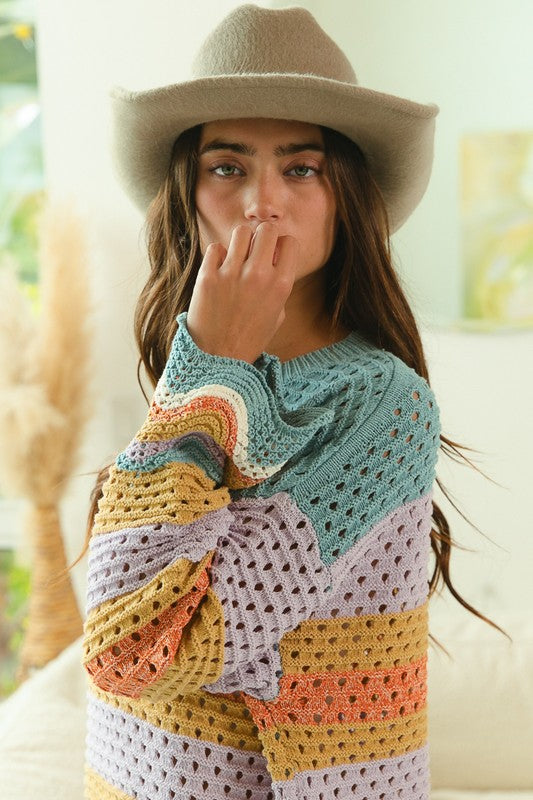 Women's Knit Sweater- Multi-Color- Wanderlust Horizon Knit
Your creativity and self- expression could dig this knit sweater! The wavy "openwork" sweater with texture and contrasting details, offers a modern and edgy vibe that will stand out from other basic knit sweaters.