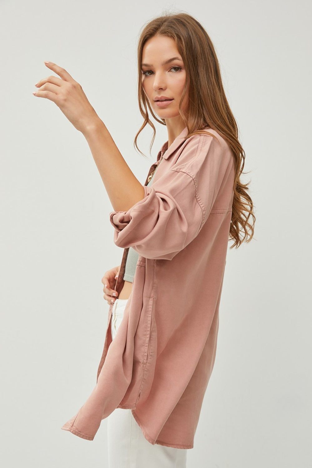 RISEN Button Up Long Sleeve Denim Shirt 100% TENCEL ECO FRIENDLY and Plus Size.  This Denim dream shirt CAN'T STOP WON'T STOP!

It is made TENCEL, an exceptionally soft fabric that's hypoallergenic and well suited for sensitive skin.
Resists pilling
Eco-friendly fabric made from wood pulp cellulose fibers
Shrink-proof (maintains size and shape after washing)
Durable enough for everyday use, making it a long-lasting investment for stylish and sustainable clothing. Mauve.