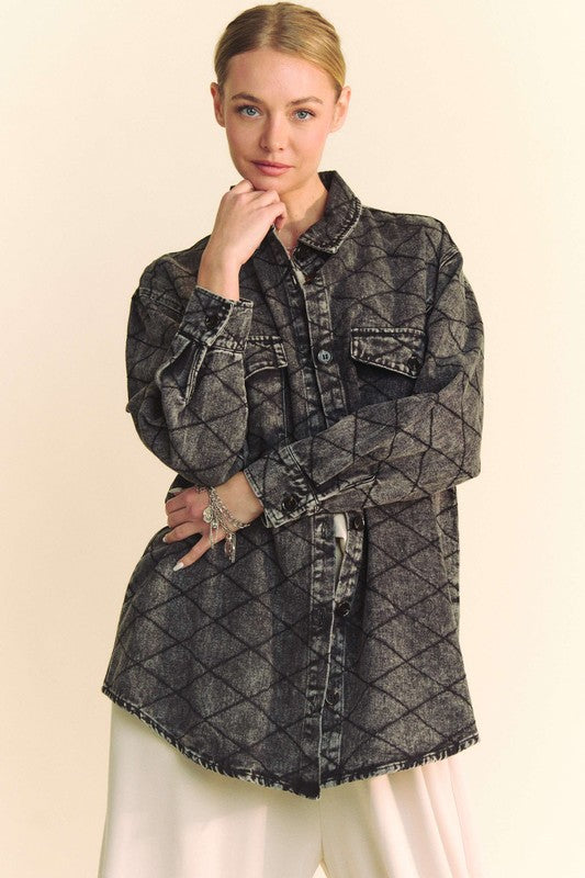 Quilted Button Up Denim Shacket - Black Diamond -Not Your Average Shacket .  Check out the subtle details in this shacket that combines individuality with a relaxed look. Not to mention this is fantastic for layering!  100% Cotton