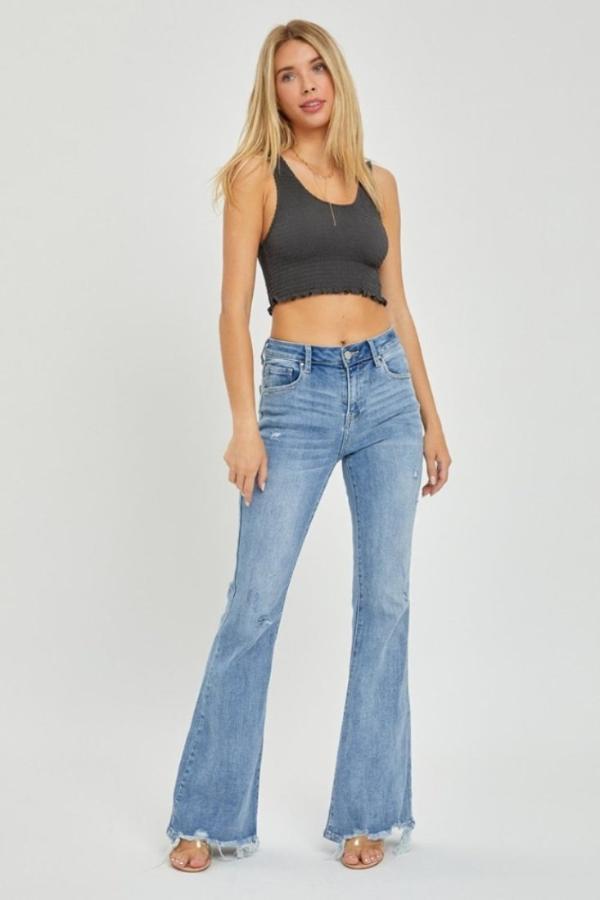 Risen High Rise Flared Jeans / Frayed Hem & Plus Sizes.   perfect blend of classic retro vibes and iconic flair that never goes out of style!  Light Wash