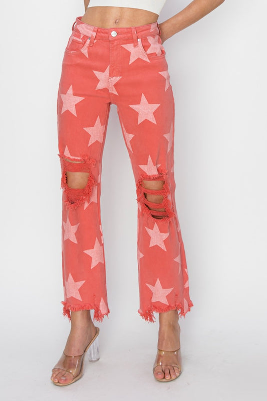 RISEN Distressed Raw Hem Star Pattern Jeans.  Show off your unique personality!  Color:  Peach Blossom.  