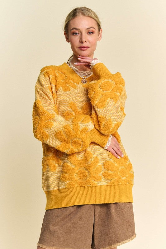 Flower Texture Sweater- The Golden Charm Double-Take.  We call this the "Double Take" sweater for a reason. The stunning gold and rich texture are guaranteed to turn heads. The flower texture dropped shoulder sweater is a stylish and comfortable choice for your cool-weather wardrobe. The textured floral pattern is the star of this sweater giving a warm feminine touch. Whether you're heading to work or out for a weekend brunch, this sweater shows off your artistic side while feeling cozy.
