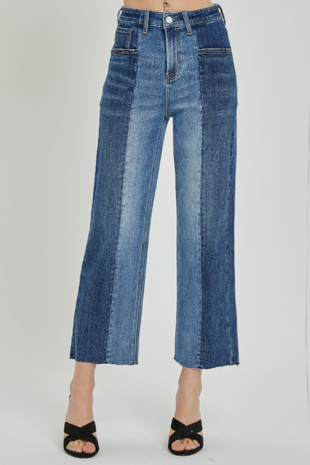 RISEN Two-Tones Jeans with Pockets and Plus Size - DOUBLE VISION. Spice up your wardrobe with Risen's unique two-toned denim style that shows off an upcycled vibe. The relaxed fit effortlessly transitions from day to night with just a quick accessory change. Two-toned light and medium wash. 