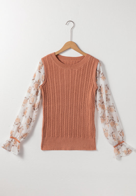 Cable Knit Sweater - Feminine Grace Floral Flounce Sleeve Sweater- Camel. This beautiful cable knit sweater exudes a quiet elegance. and a calm energy.