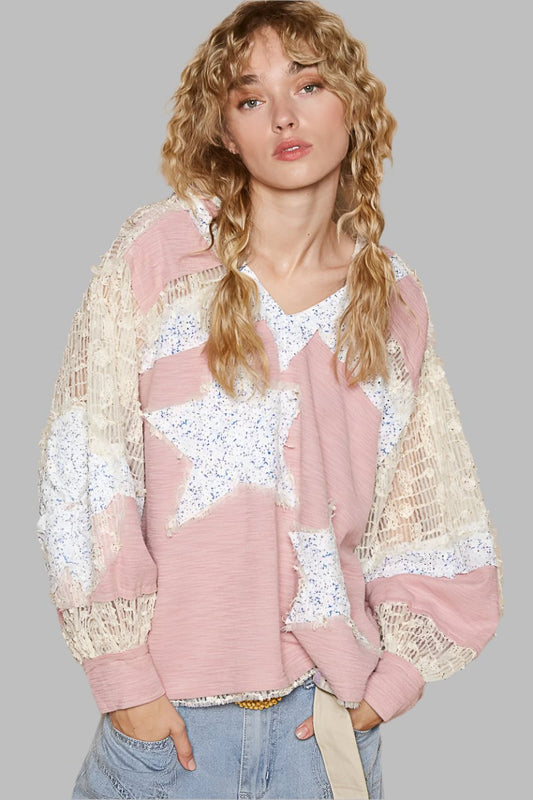 Whimsical Star Patch Hooded Shirt - A Feminine Twist on Rebel Style.  Does it feel sexy to be edgy and feminine at the same time? You got it! The star print adds some whimsy, and the lace contrast gives a delicate and elegant touch to the design. We love the mixed textures, making this top perfect for both casual and dressed-up looks.