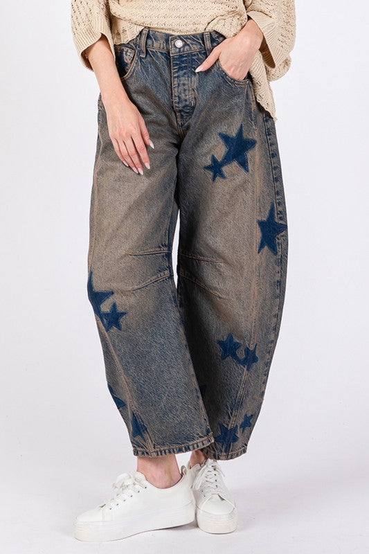 Star Wide Leg Jeans with Pockets -Dreamchaser Wide-Leg Jeans – Stardust Edition.  Did you know the loose, relaxed fit of wide leg jeans offers more room and breathability, making them a great option for long days or casual wear. A must have boho essential pair of jeans! Whether you're running errands or going out with friends, these jeans are sure to elevate your outfit with a touch of star quality.