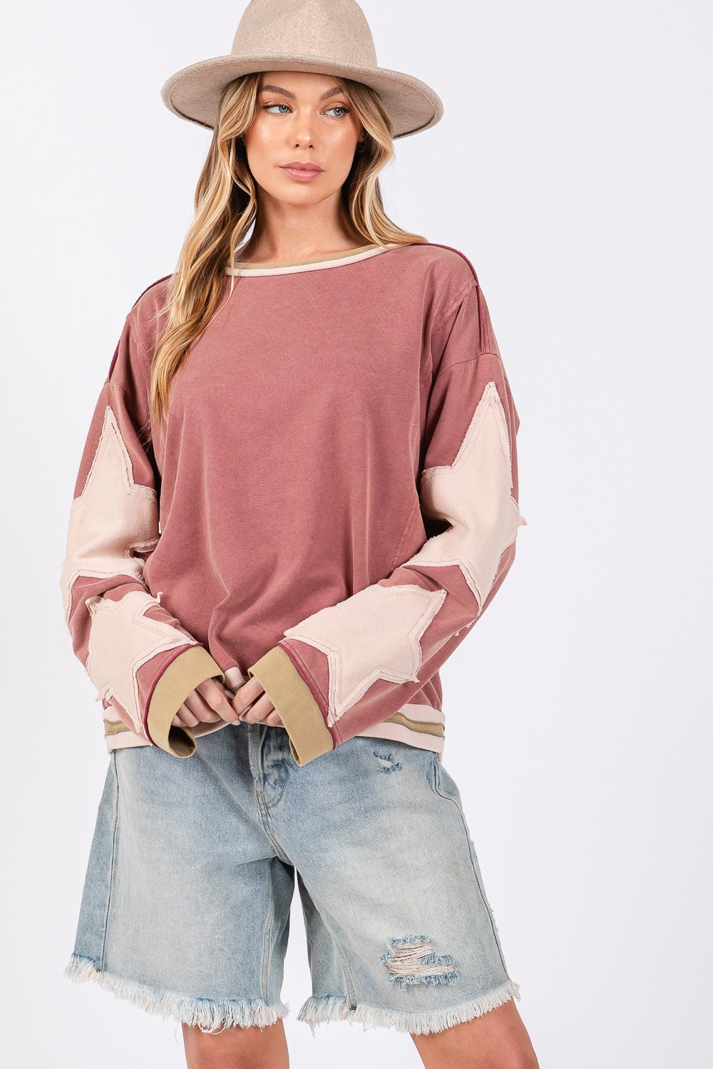 French Terry Sweatshirt- Cosmic Cozy: Pink Star Patch Oversized Sweatshirt.  The French Terry Star Applique Patch Sweatshirt is a chic and cozy option for your wardrobe.