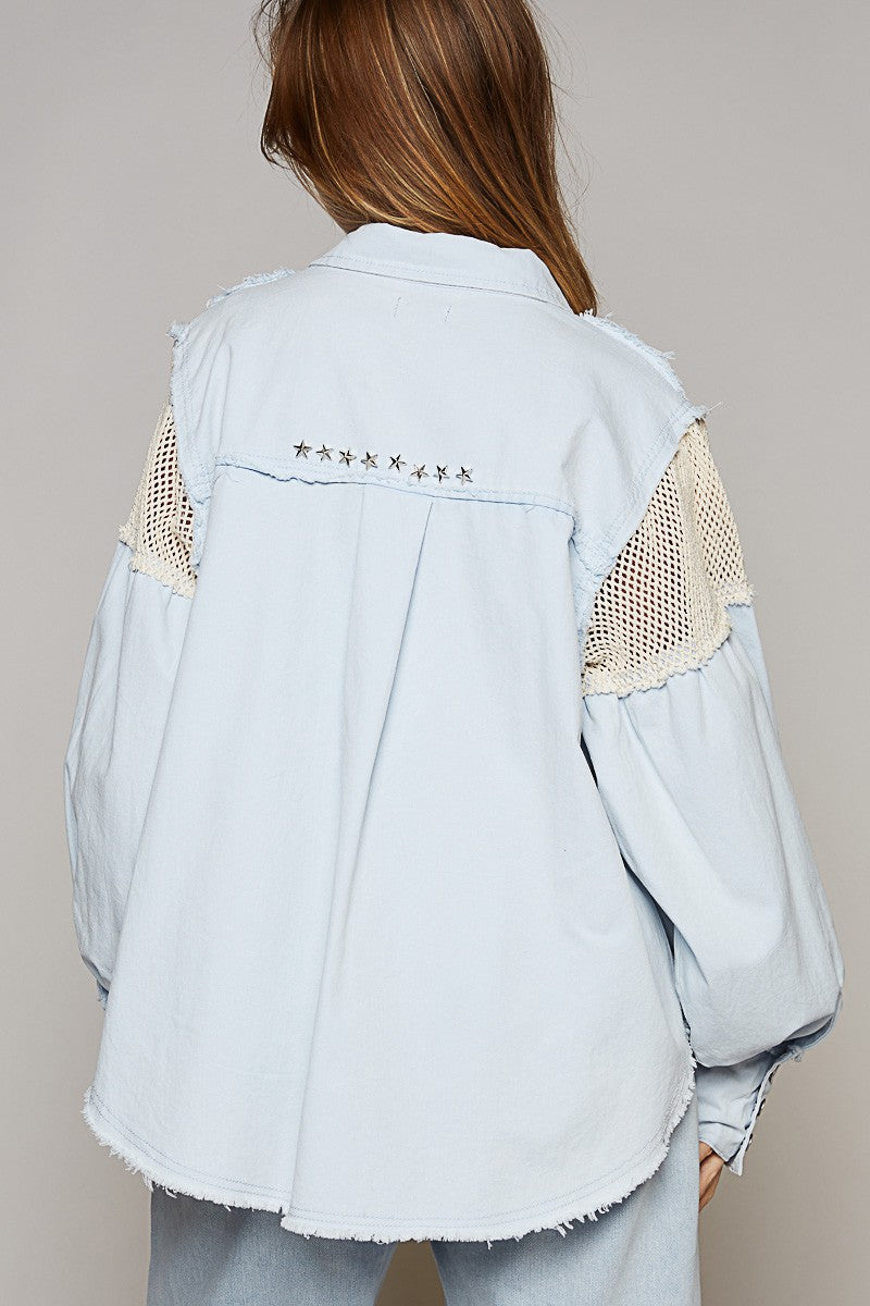 This star cut out shirt has an ideal mix of free-spirited boho vibes and a little vintage charm. This shirt stands out compared to other button-down shirts because it brings together intricate crochet details and playful, studded star studs, giving you that stand-out, one-of-a-kind feel! It's the kind of shirt that feels like an adventure, combining timeless style with a modern twist – because who says you can’t have both?