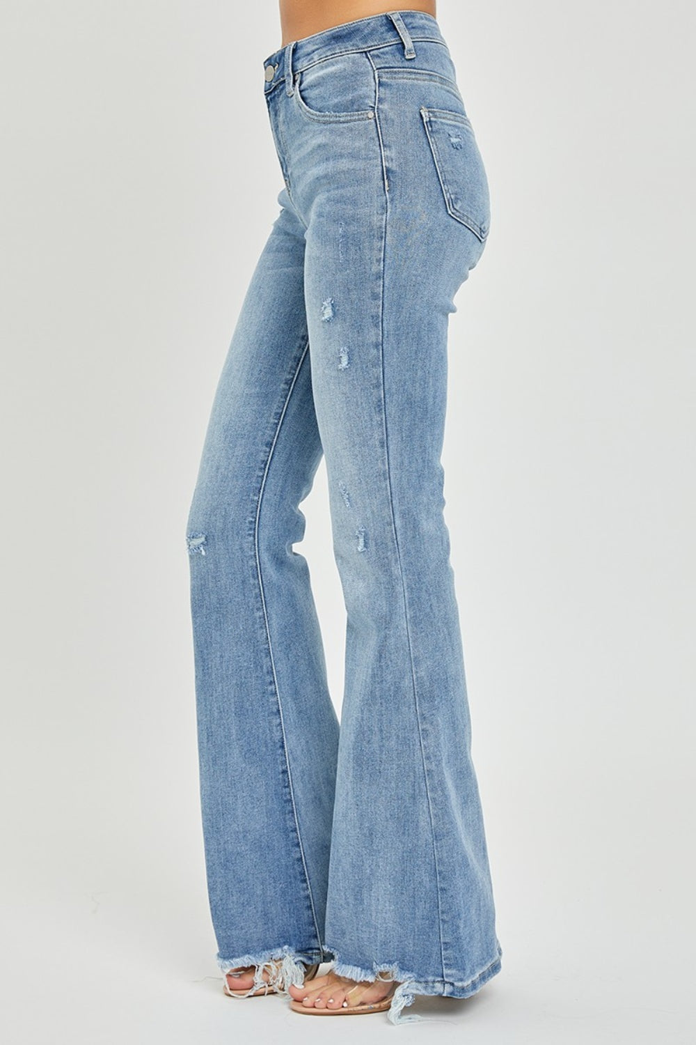 Risen High Rise Flared Jeans / Frayed Hem & Plus Sizes.   perfect blend of classic retro vibes and iconic flair that never goes out of style!  Light Wash