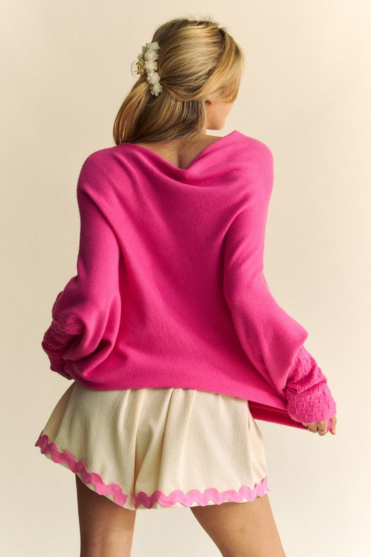 atwing Sleeve Sweater -Wild & Free Pink Batwing – Textured Cuffs, Untamed Style.  Did you know that the "Batwing Sleeve" is less restrictive and is designed to be visually distinctive with a draped silhouette that stands out from regular sweatshirts? If you love the unconventional or free-spirited aesthetic, this pink batwing sleeve sweater is a relaxed and cozy edition that will fit right into your wardrobe!. THIS sweater also happens to have a unique textured cuff... a real eye-catching feature